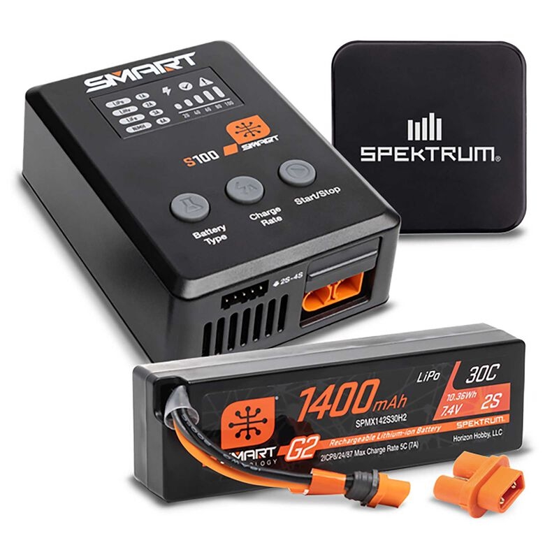 Cargador SPEKTRUM Smart Powerstage Bundle:1400mAh 2S 30C LiPo (IC2) / 100W S100 Charger / 65W Power Supply / Adapter